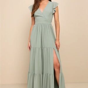 Lulu’s Charming Success Sage Brush Tiered Lace-up Backless Maxi dress
